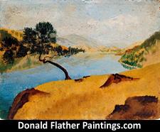 Click here to see Dr. DM (Donald McIntosh) Flather original Canadian oil on canvas landscape painting titled Cliffside Pine Skaha Lake from the Okanagon Lake BC Interior Region framed view