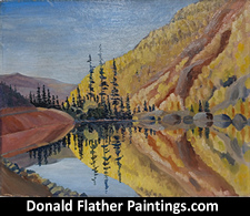 Click here to see Dr. DM Flather's original oil painting titled 'Lake of the Woods' landscape painting's unframed front view