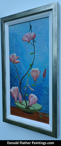 Click here to see Dr. DM (Donald McIntosh) Flather's original oil painting titled 'Magnolia Soulangeana' - Hybrid M. Denudata x M. Lilflora painting's framed side view