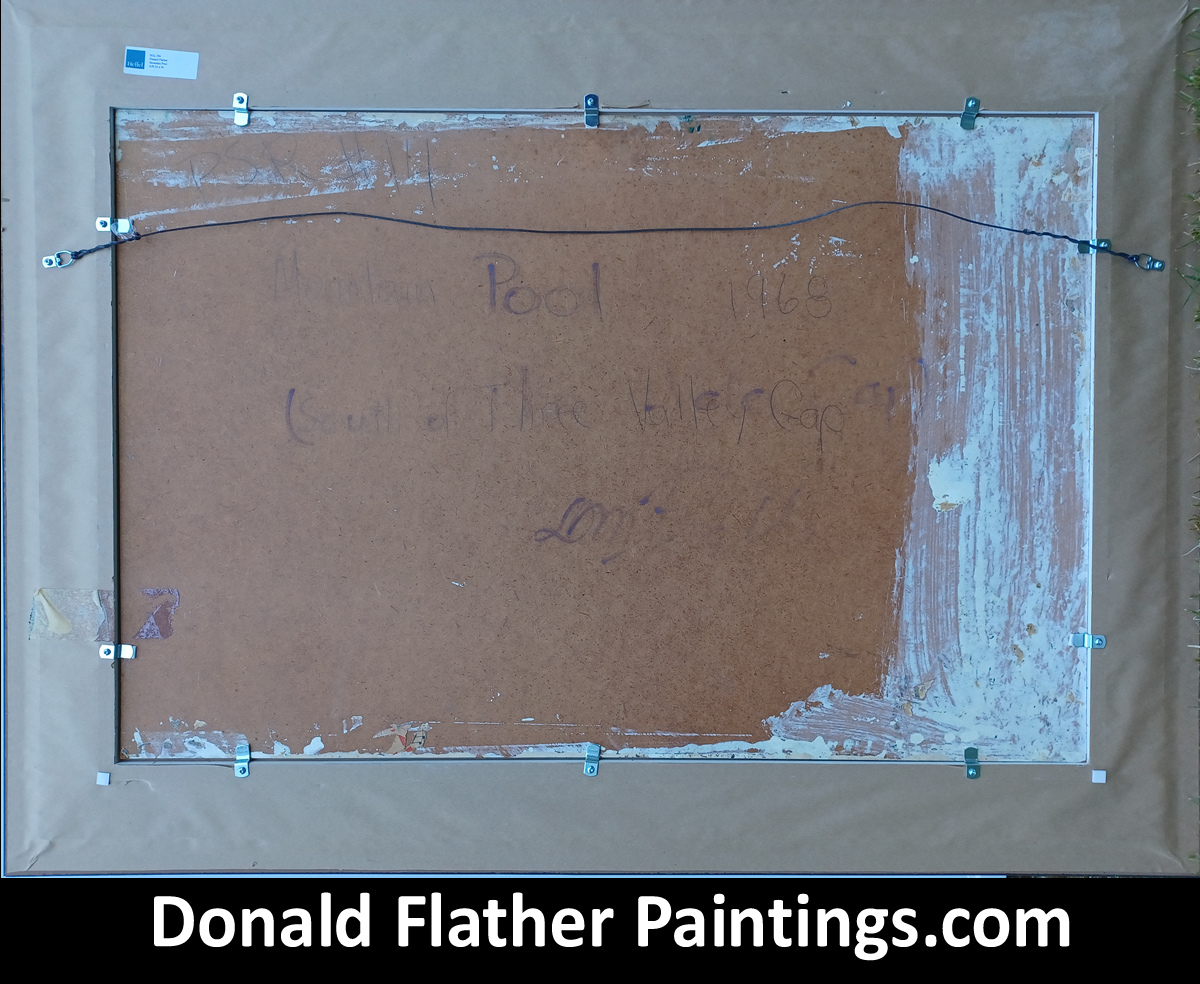 Rear framed view of Dr. DM (Donald Flather) original Canadian oil painting from the Rocky Mountains titled Mountain Pool South of the Three Valley Gap