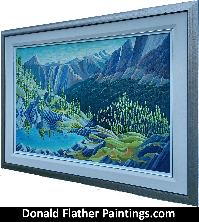 Framed view of Dr. DM (Donald Flather) original Canadian oil painting from the Rocky Mountains titled Mountain Pool South of the Three Valley Gap