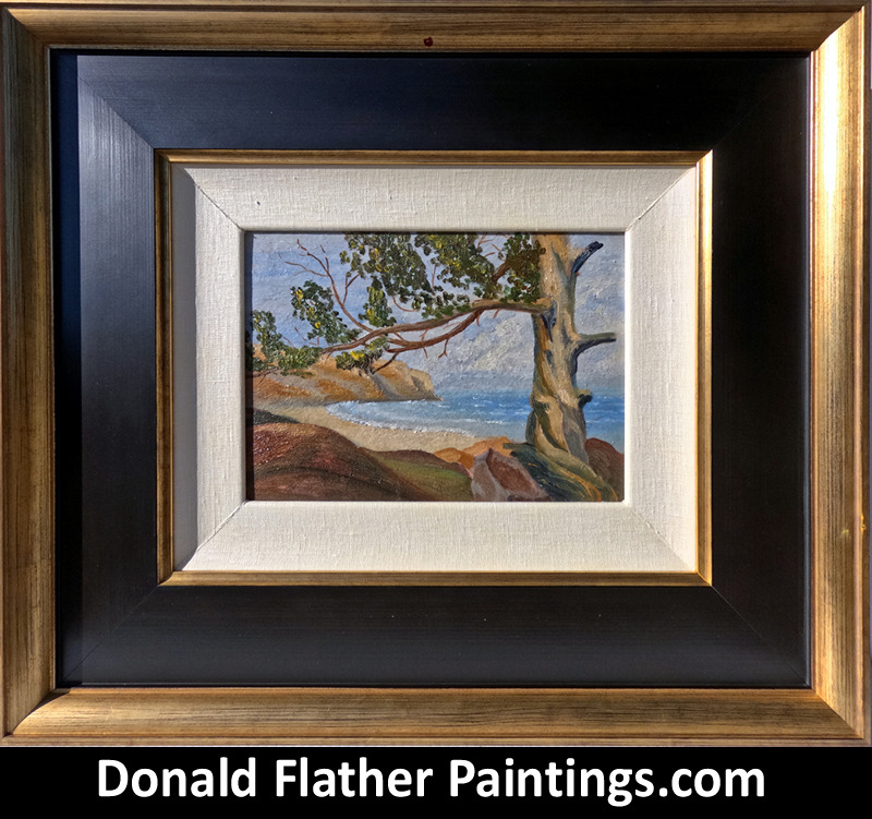 Donald Flather original framed Canadian oil landscape painting titled Seaside Tree seascape painting