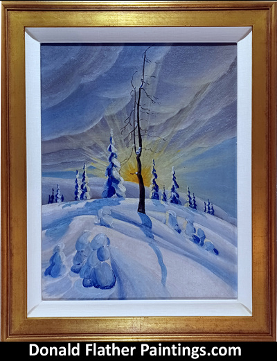 Click here to see Dr. DM Flather's original oil painting titled Winter Sun and Snow Canadian landscape painting's framed view