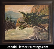 Weathered Fir original oil on panel landscape painting featuring a roaring river scene - likely BC's Fraser River by FCA Canadian Artist, Dr. DM Flather