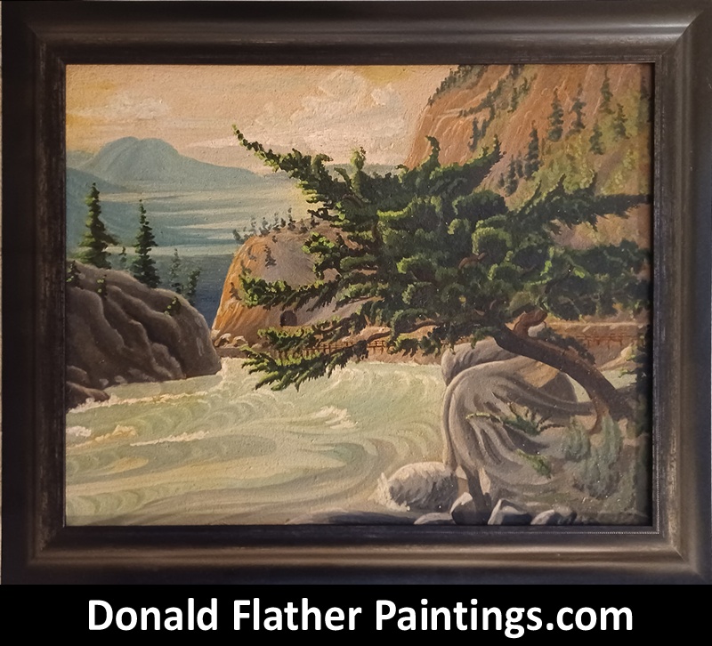 Donald Flather original Canadian oil landscape framed painting titled Weathered Fir - likely along the Fraser River, BC