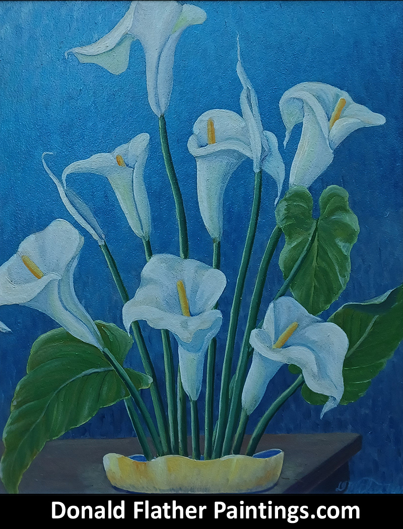 Dr. DM (Donald McIntosh) Flather original Canadian oil floral painting titled 'White Lillies'