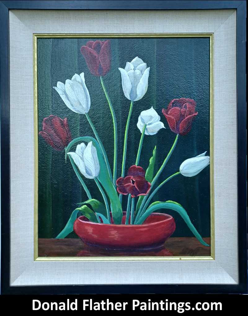 Dr. DM (Donald McIntosh) Flather original Canadian oil floral still life framed painting titled 'White Tulips'